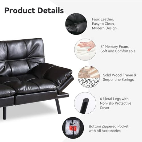 AMICLIBER 71" Convertible Futon Sofa Bed,Bright Black Faux Leather Futon Couch,Memory Foam Reclining Sleeper Sofa Bed,Modern Folding Small Loveseat Couches for Living Room,Office,Apartment AMICLIBER