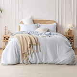 Yibeizi Light Blue 100% Washed Cotton Linen Like Duvet Cover Set Full Size, 3 Pieces, 1 Duvet Cover 80x90 Inches and 2 Pillow Shams, Soft Breathable Comforter Covers Zipper Closure Yibeizi