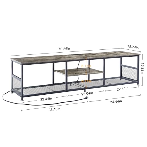 VECELO TV Stand with Power Outlets for Televisions up to 80Inch, 70" Media Entertainment Center with Charging Station 3-Tier Open Storage Shelves with Metal Frame for Living Room/Bedroom，Grey