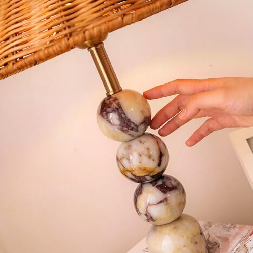 Calacatta Marble Stacked Ball Table Lamp - Hand-Woven Rattan Shade, 15" Stone Margot Artistic Vintage Lamp Luxury for Bedroom Living Room, Counter, Console, Entryway, Gift (Calacatta Viola Marble) BSOD