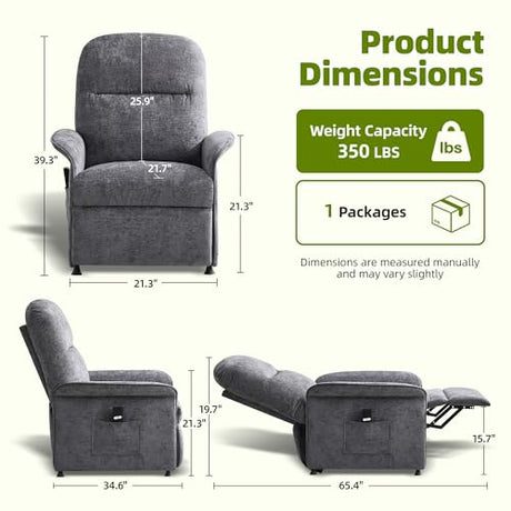 UMBFUN Power Recliner Chair with Remote Control, 21" Wide Seat Small Recliners with Side Pocket for Adults, Thick Cushions Chair for Living Room & Bedroom, Light Grey UMBFUN