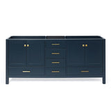 ARIEL 72" Midnight Blue Double Bathroom Vanity Base Cabinet, Double Sink Configuration, 2 Soft Closing Doors, 9 Full Extension Dovetail Drawers, Satin Brass ARIEL