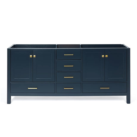ARIEL 72" Midnight Blue Double Bathroom Vanity Base Cabinet, Double Sink Configuration, 2 Soft Closing Doors, 9 Full Extension Dovetail Drawers, Satin Brass ARIEL