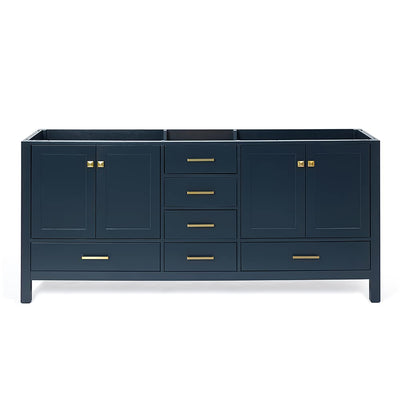 ARIEL 72" Midnight Blue Double Bathroom Vanity Base Cabinet, Double Sink Configuration, 2 Soft Closing Doors, 9 Full Extension Dovetail Drawers, Satin Brass