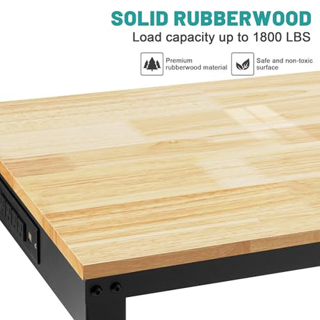 48" Heavy Duty Workbench, Solid Wood Working Bench Adjustable Height Rolling Work Tables with Power Outlets for Home Office, 1800 Lbs Capacity (Metal Wheels丨Rubber Pad丨48 x24 丨Socket) Hombanyan