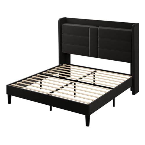 Allewie Queen Size Platform Bed Frame with Charging Station & Storage Headboard, Upholstered Velvet Wingback Design & USB Port, Strong Wooden Slats Support, No Box Spring Needed, Easy Assembly, Black Allewie