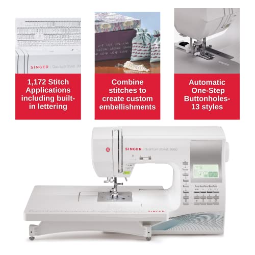 SINGER Quantum Stylist 9960 Computerized Sewing & Quilting Machine with Extension Table, Hard Case & Accessories | 600 Stitches, Lettering, LED Light, 1-Step Buttonhole & High-End Touch Controls SINGER