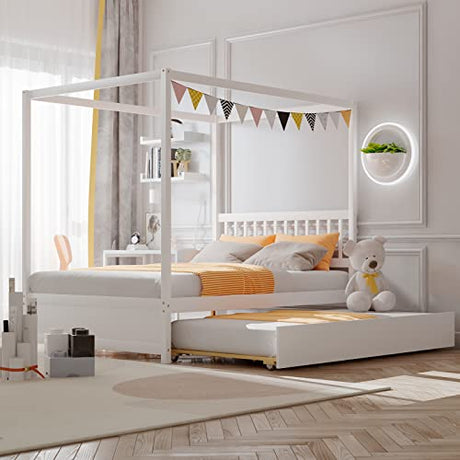 Giantex White Canopy Bed with Trundle - Stylish Solid Wood Full Size Frame for Kids Giantex