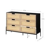 IDEALHOUSE 6 Drawers Dresser for Bedroom, Natural Rattan Drawer with Spacious Storage, Wood Chest of Drawers with Metal Legs for Bedroom, Living Room, Hallway, Entryway (Black, 6 Drawers Dresser) IDEALHOUSE