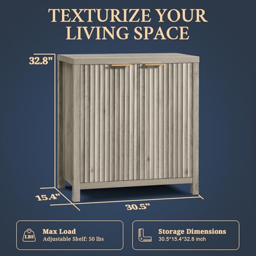 OAKHAM HOME Oxford Storage Cabinet Fluted Sideboard Buffet Cabinet with Adjustable Shelves, Modern Accent Cabinet Multifunctional Console Cabinet for Living Room, Kitchen.(Grey Oak) OAKHAM HOME