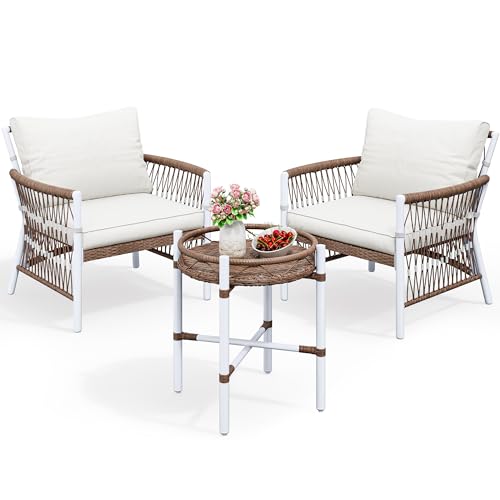 YITAHOME 3-Piece Outdoor Patio Furniture Wicker Bistro Set, All-Weather Rattan Conversation Chairs for Backyard, Balcony and Deck with Soft Cushions, Beige - WoodArtSupply