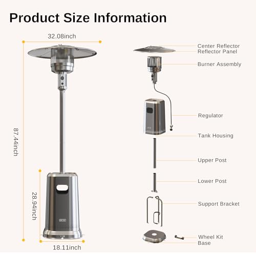 EAST OAK Anti-rust 50,000 BTU Patio Heater for Outdoor Use with Double-Layer Stainless Steel Burner, Square Round Table Design and Wheels, Propane Patio Heater for Home and Commercial, Stainless Steel EAST OAK