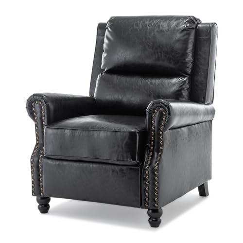 Pushback Recliner Chair, Faux Leather Wingback Recliner Chair, Upholstered Armchair Push Back Recliner with Wood Legs, Rivet Trim Single Sofa Accent Chair for Living Room, Bedroom, Black