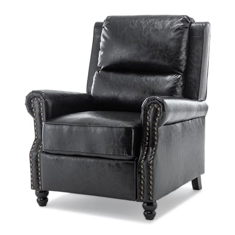 Pushback Recliner Chair, Faux Leather Wingback Recliner Chair, Upholstered Armchair Push Back Recliner with Wood Legs, Rivet Trim Single Sofa Accent Chair for Living Room, Bedroom, Black Qatiby