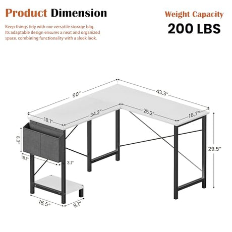 Alpen L Shaped Gaming Desk, Small Computer Desk, 50 Inch Wide Corner Desk, Work from Home Desk, Study Table for Bedrooms, PC Writing Table with Storage and Reversible Shelf, White Alpen