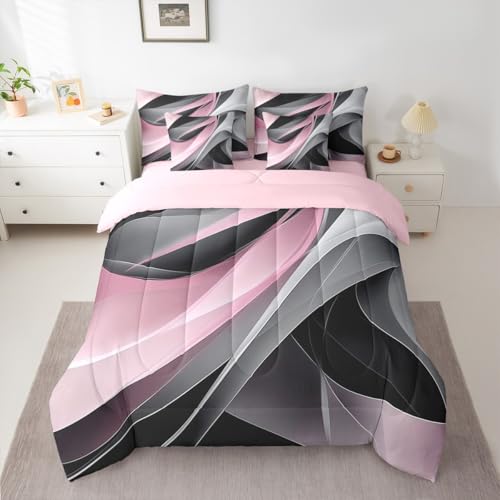 Pink Gray Black Spiral Full 7 Piece Bedding Set For Kids Teen Adults,Black Grey Abstract Stripes Geometric Bed In A Bag Modern Minimalists Swirls Comforter Set With Sheets Contemporary Art Bed Set Erosebridal
