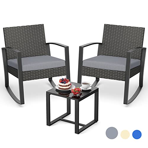 Aiho 3 Pieces Patio Furniture Set, Outdoor Wicker Furniture Set, Modern Rattan Rocking Chair Set with Coffee Table for Yard, Balcony, Poolside, Porch, Grey