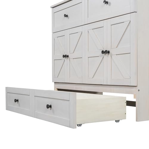 YOPTO Full Size Murphy Bed Chest,Folding Storage Wall Bed with Large Drawers,USB Ports & 2 Three-Prong Outlets,Hidden Cabinet Platform Bed W/Wood Slats Support,for Bedroom,Guest Room,Brushed White YOPTO