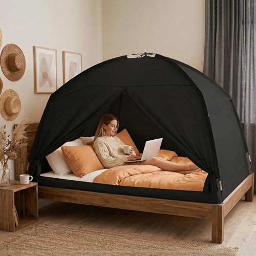 Bed Tents for Kids and Adult, Portable 100% Breathable and 93% Blackout Toddler Dream Play Tent, 3 Doors Big Privacy Space Sleeping Canopy for Floor or Twin Full Queen Sizes Bed (Black, Twin-Size)