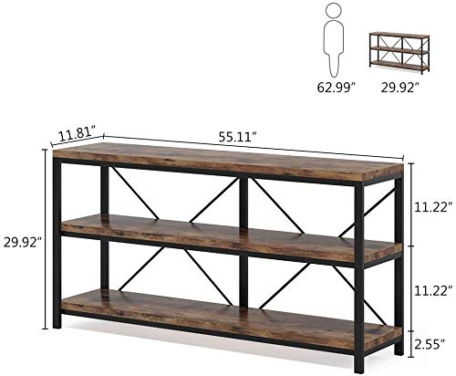 55 Inches Long Sofa Table with Storage Shelves, 3 Tiers Industrial Rustic Console Table with Open Shelves, Three Decorative Shelf, Open TV Shelf for Living Room, Hallway, Book Tribesigns