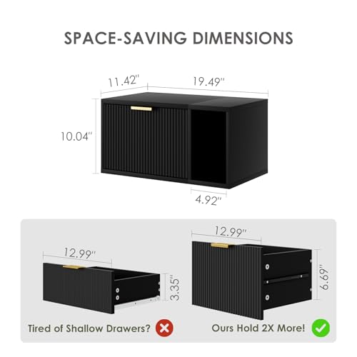 Masupu Floating Nightstand, Wall Mounted Floating Bedside Table with Storage Drawer and Open Shelf, Modern Bedroom Nightstand, 19.3" x 11.4" x 10", Black Masupu