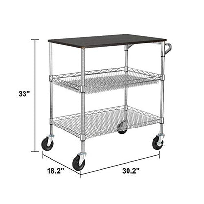 Finnhomy 3 Tier Heavy Duty Commercial Grade Utility Cart with Wood Top, Wire Rolling Cart with Handle Bar, Steel Service Cart with Wheels, Utility Shelf Food Storage Trolley, NSF Listed