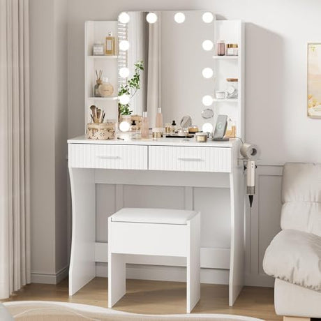 Otterease Vanity Desk with LED Lighted Mirror, Makeup Vanity with 3 Adjustable Lights, 2 Large Drawers and 4 Open Shelves, White Vanity with Storage Stool for Bedroom Otterease
