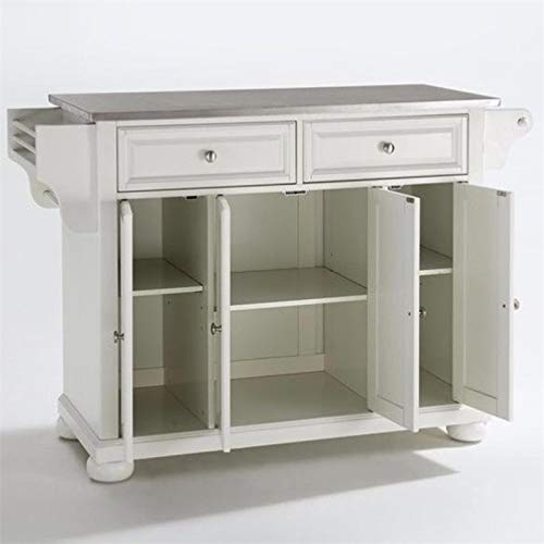 Pemberly Row Traditional Wood/Stainless Steel Top Kitchen Island in White - WoodArtSupply