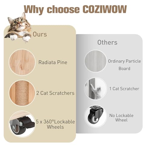 COZIWOW Large Wooden Cat House with Scratching Posts, Multi-Level Indoor Cat Enclosure with Acrylic Doors, Ventilation Holes, and Wheels (Natrual Wood) COZIWOW