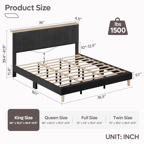 Bestier King Bed Frame with Adjustable Headboard & LED Lighting, Corduroy Upholstered Platform Bed Frame with Storage Shelf, Solid Wood Slats, No Box Spring Needed, Never Squeak, Easy Assembly, Black Bestier