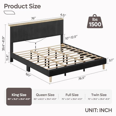 Bestier King Bed Frame with Adjustable Headboard & LED Lighting, Corduroy Upholstered Platform Bed Frame with Storage Shelf, Solid Wood Slats, No Box Spring Needed, Never Squeak, Easy Assembly, Black Bestier