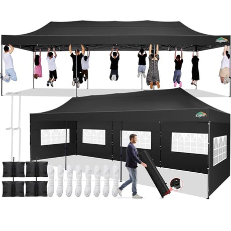 COBIZI 10x30 Pop up Canopy Tent 10x30 Canopy with 8 Sidewalls Waterproof Heavy Duty Commercial Canopy Tent for Parties Outdoor Tent Garden Gazebo Tent, Carry Bag with Wheel(10x30ft,Black) COBIZI