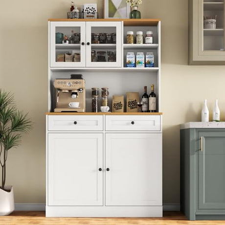Tall Pantry Cabinet, Modern Kitchen Hutch with Microwave Stand, Kitchen Pantry Storage Cabinet with 2 Darwers & Door Shelf, Food Pantry with Glass Doors & Adjustable Shelves for Dining Room, White Gyfimoie