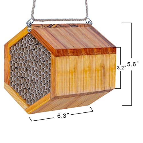 Mason Bee House - Handmade Natural Wooden Bee Hive Coated with Wax for Water-Proof and Long Service Life - Attracts Peaceful Bee Pollinators to Your Garden,Carpenter Bee Houses for Garden POLLIBEE
