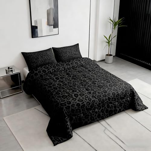 Castle Fairy Leopard Print Comforter Set Queen Size Cheetah Print Super Soft Bedding Set for Women Bedroom Decor,African Wildlife Animal Skin Comforter-3 Pieces,Retro Noble Duvet Insert,Black Grey Castle Fairy