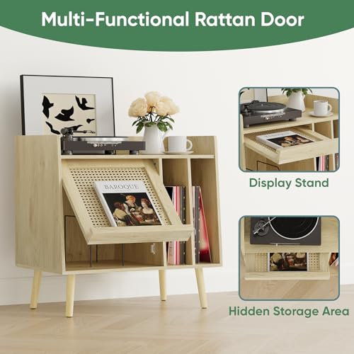 Kiasthome Large Record Player Stand with Storage Cabinet & Rattan Magazine Rack, Vinyl Record Storage Side Table with Solid Wood Legs for Living Room, Bedroom Kiasthome