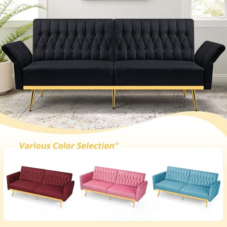 ACMEASE 70” Velvet Futon Sofa Bed with 2 Pillows and Adjustable Armrests, Convertible Sleeper Bed W/Adjustable Backrests, Modern Loveseat for Living Room, Bedroom, Black ACMEASE
