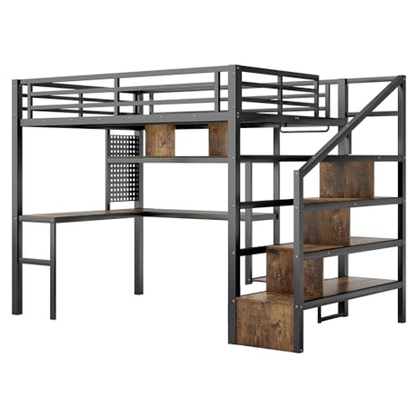 Full size Loft Bed with LED Light and Stairs, Metal Loft Bed Frame with Desk, Storage Drawers & Shelves, Hanging Rod, Gaming Lofts Beds with Charging Station for Adults Teens Kids Gamer, Black Mirightone