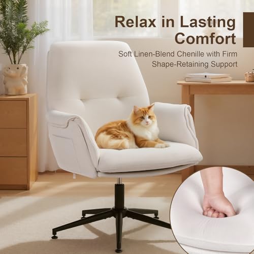 High Back Home Office Chair Without Wheels, Upholstered Fabric Desk Chair with Armrests, Ergonomic Swivel Computer Task Chair (White) Eronfrione