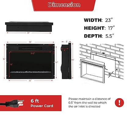 Tangkula 23-Inch Infrared Quartz Electric Fireplace Insert with Remote Control, 1500W Recessed Fireplace Heater with Thermostat, Overheat Protection, 8H Timer, 6 Flame Settings, 5 Flame Brightness