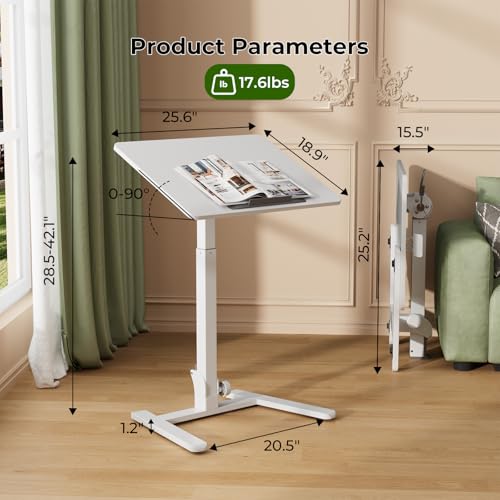 Gibbon Mounts Foldable Standing Desk，Small Mobile Sit-Stand Desk with 90 Tiltable Top，Rolling Rising Laptop Workstation Adjustable Height，Portable Table on Hidden Wheels/4 Lockable Casters，White Gibbon Mounts