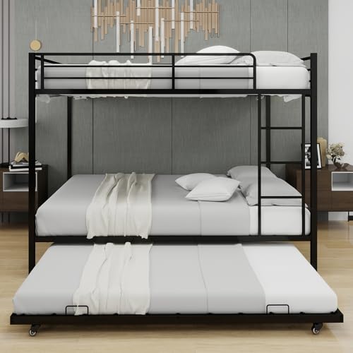 Harper & Bright Designs Heavy Duty Metal Bunk Bed Queen Over Queen with Trundle for 3 Persons, Industrial Bunk Beds Frame with Sturdy Support, Saving Space, Black Harper & Bright Designs