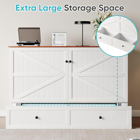 CECER Queen Size Murphy Bed with Tri-Folding Mattress，Murphy Bed with Charging Station and Two Large Storage Drawers for Small Spaces/Bedroom（White） CECER