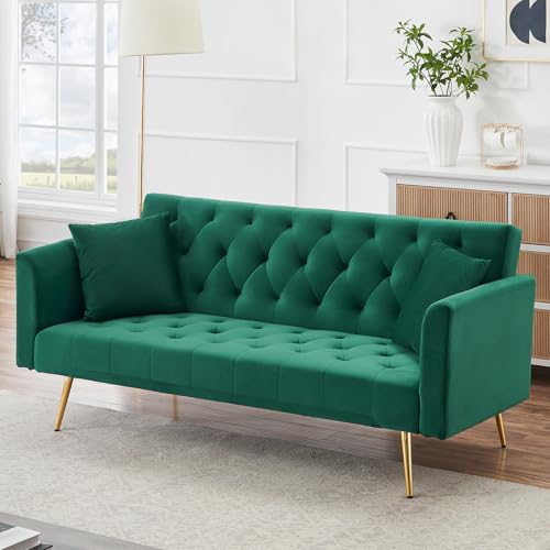 71" Modern Velvet Sofa Bed Futon, Convertible Sleeper Couch with Adjustable Backrest, Tufted Recliner Loveseat with Golden Chrome Legs & 2 Pillows for Small Spaces, Living Room, Apartment (Green) Generic