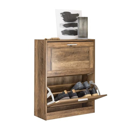 Haotian Shoe Storage Cabinet Entryway, Slim Shoe Rack Freestanding, Indoor Shoe Organizer 2Flip-Drawers Shoe Cupboard for Mudroom Front Door Entrance Hallway Bedroom, Brown Wood Color, FSR137-BR Haotian