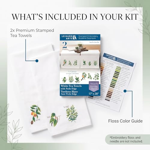 LEISURE ARTS Stamped Tea Towel with Perle Edge, Herb Garden, 2 Pack, 17x28 Inch, Percale Stamped Embroidery Fabric, DMC Anchor Coats Floss Guide