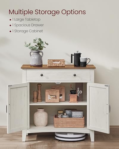 VASAGLE Buffet Cabinet, Sideboard Cabinet with Storage and Drawer, with Doors, Height Adjustable Shelf, Farmhouse Style, for Living Room, Kitchen, Rustic White and Honey Brown UBBK341W01 VASAGLE
