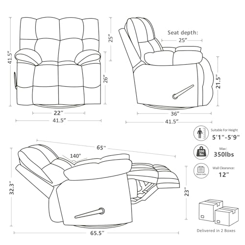 Pationate Oversized Recliner Chair, Overstuffed Swivel Rocker with Extra Wide Seat & Breathable Fabric for Living Room (Manual, Gray)
