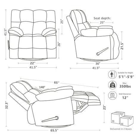 Pationate Oversized Recliner Chair, Overstuffed Swivel Rocker with Extra Wide Seat & Breathable Fabric for Living Room (Manual, Gray) Pationate