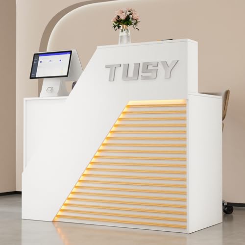 TUSY 42.2" H Modern Reception Desk - Small Front Desk with Adjustable LED Light, Reception Room Table with Built-in USB Outlet for Salon, Lobby (47.2" W x 19.69" D x 42.2" H)